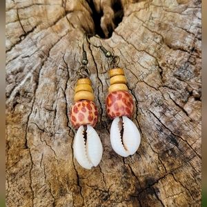 Handmade Cowrie Shell And Wood Bead Earrings